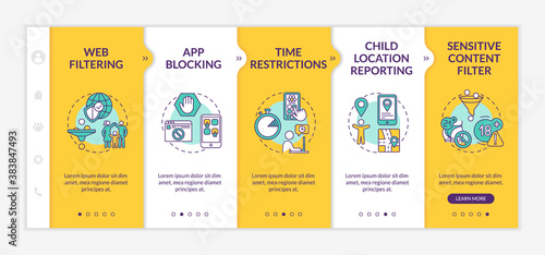 Parental supervision onboarding vector template. Web filtering. Time restrictions. Sensitive content filter. Responsive mobile website with icons. Webpage walkthrough step screens. RGB color concept