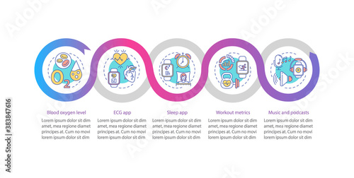 Smartwatch capabilities vector infographic template. ECG, sleep app presentation design elements. Data visualization with 5 steps. Process timeline chart. Workflow layout with linear icons