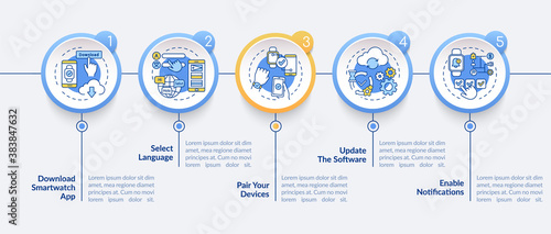 Smartwatch installation vector infographic template. Download, language choice presentation design elements. Data visualization with 5 steps. Process timeline chart. Workflow layout with linear icons