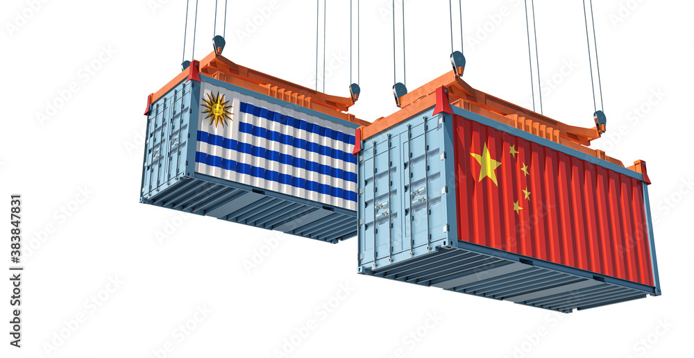 Freight containers with Uruguay and China national flags. 3D Rendering Freight containers with Uruguay and China national flags. 3D Rendering