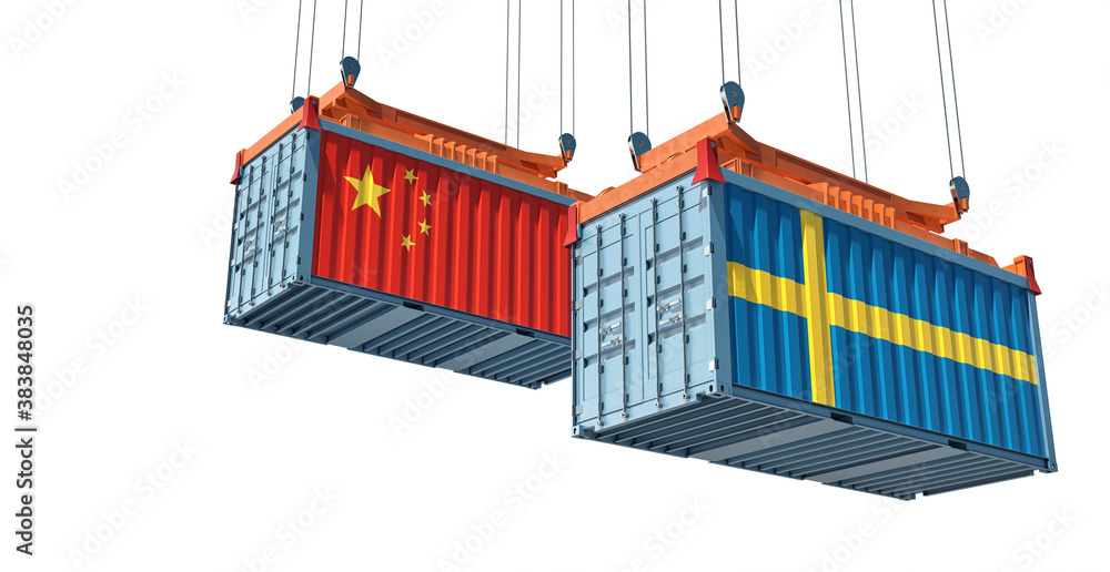 Freight containers with Sweden and China national flags. 3D Rendering Freight containers with Sweden and China national flags. 3D Rendering