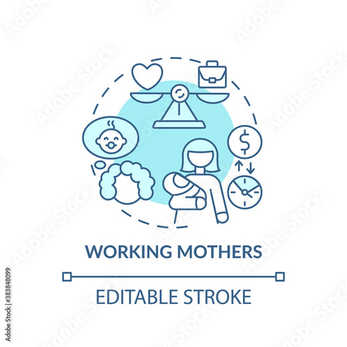 Working mothers concept icon. Changing gender roles. Different working options. Home fund encreasing idea thin line illustration. Vector isolated outline RGB color drawing. Editable stroke