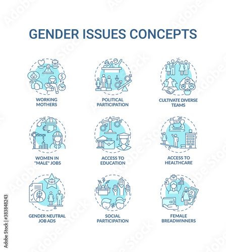 Gender issues concept icons set. Changing gender roles. Social participation. Sex issues types idea thin line RGB color illustrations. Vector isolated outline drawings. Editable stroke