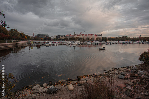 Helsinki, Uusimaa, Finland October 7, 2020 Autumn landscape Töölö Bay and Hakaniemi
