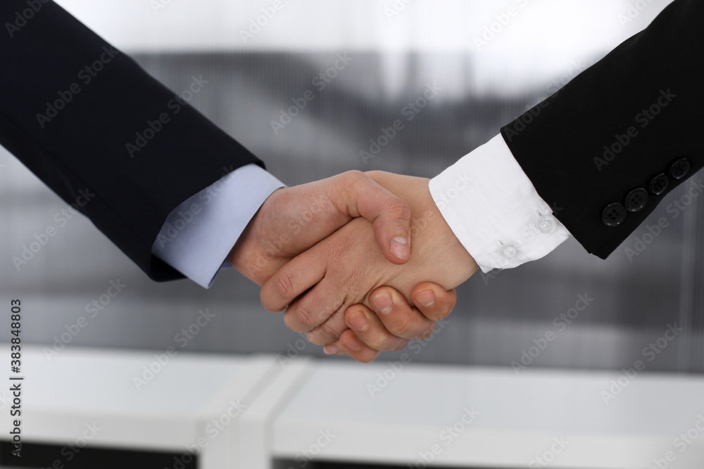 Businessman and woman shaking hands in office. Concept of handshake as success symbol in business