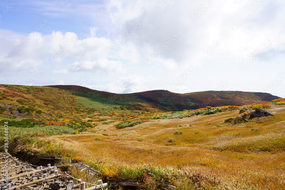 Scenery of Mt. Kurikoma in Japan with beautiful autumn colors