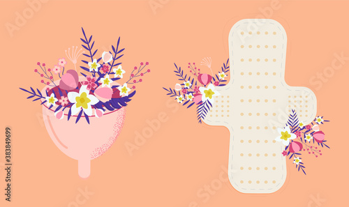 Menstrual health cycle concept vector in flat style. Menstrual cup and hygiene pad with tropical flower and leaves.