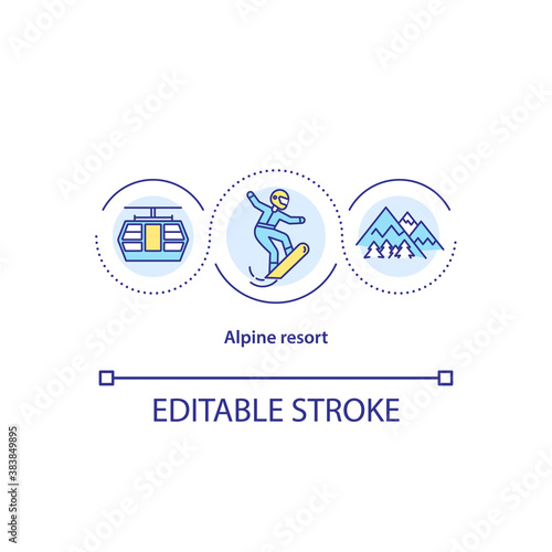 Alpine resort concept icon. Winter mountains holiday. Snowboarding. Funicular. Extreme travel idea thin line illustration. Vector isolated outline RGB color drawing. Editable stroke