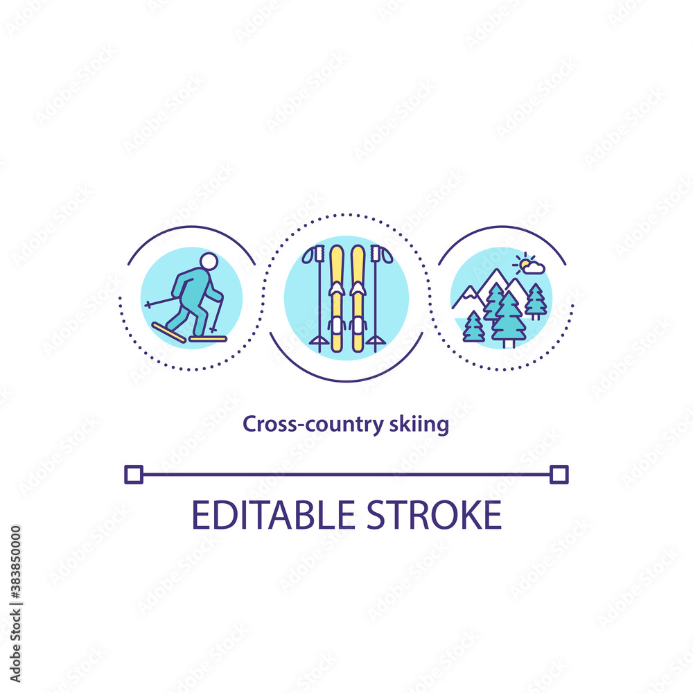 Cross country skiing concept icon. Active leisure. Nordic skiing. Winter mountain sport idea thin line illustration. Vector isolated outline RGB color drawing. Editable stroke