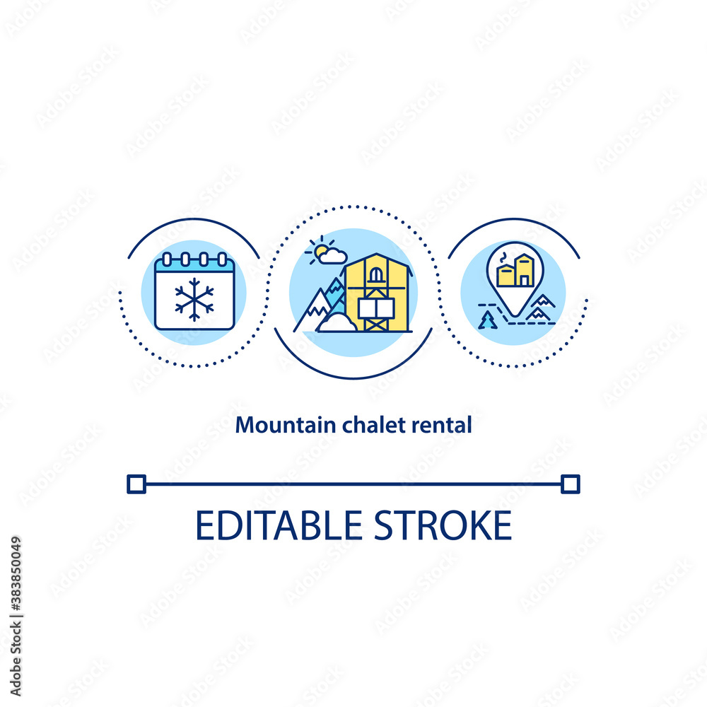 Mountain chalet rental concept icon. Retreat and wellness. Weekend getaway. Winter trip idea thin line illustration. Vector isolated outline RGB color drawing. Editable stroke Mountain chalet rental concept icon. Retreat and wellness. Weekend getaway. Winter trip idea thin line illustration. Vector isolated outline RGB color drawing. Editable stroke
