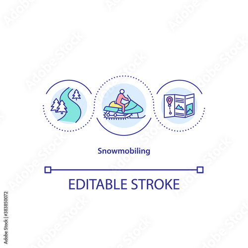 Snowmobiling concept icon. Extreme hobby. Snowmobile tour. Mountains trip. Winter sport activity idea thin line illustration. Vector isolated outline RGB color drawing. Editable stroke