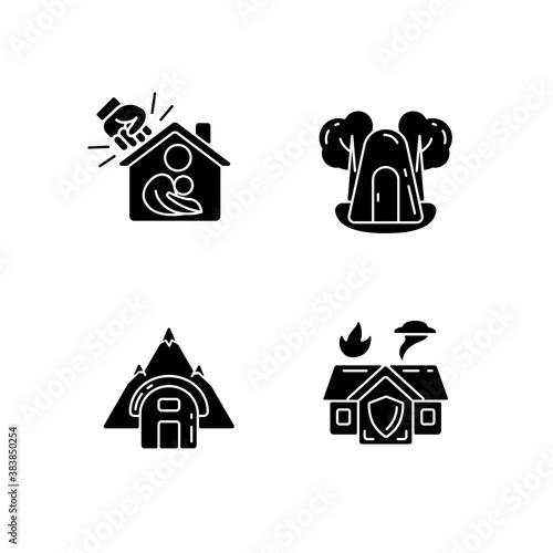 Temporary safe residence black glyph icons set on white space. Domestic violence victims support. Single-person air raid shelter. Temporary tent. Silhouette symbols. Vector isolated illustration