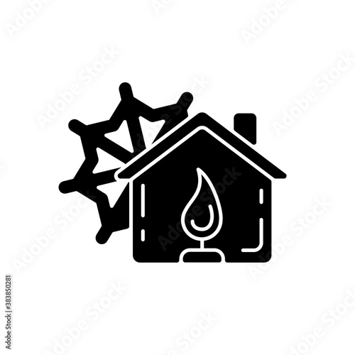 Warming center black glyph icon. Short-term emergency shelter. Death and injury prevention. Safe refuge from extreme weather. Silhouette symbol on white space. Vector isolated illustration