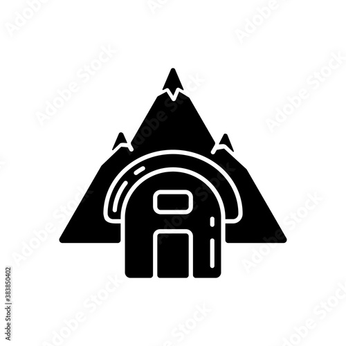 Bivouac shelter black glyph icon. Improvised camp site. Backpacking. Scouting. Temporary tent. Encampment. Bivy sack. Traveling. Silhouette symbol on white space. Vector isolated illustration