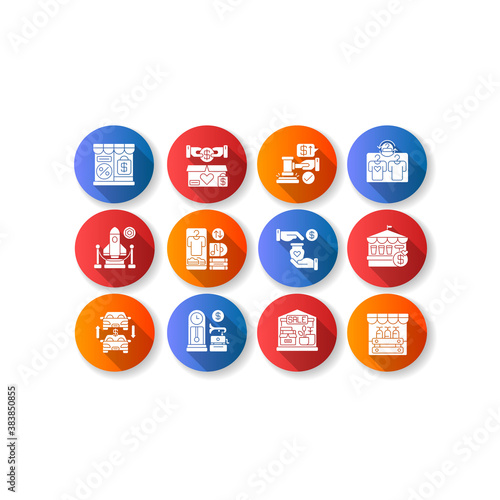 Outlet store flat design long shadow glyph icons set. Retail business, different commercial services. Discount shopping. Various sales and trading forms. Silhouette RGB color illustration