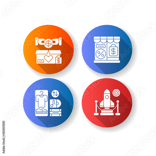 Trading flat design long shadow glyph icons set. Charity shop, outlet store, swap meet and exhibition. Charitable and commercial shopping, retail types. Silhouette RGB color illustration