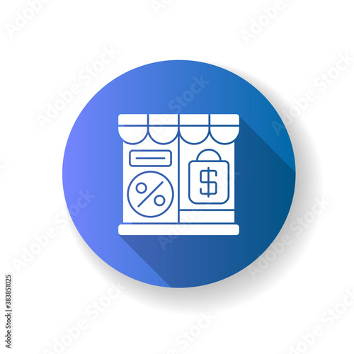 Outlet store blue flat design long shadow glyph icon. Retail business, commercial service. Discount shopping, consumerism. Local shop with special price offer. Silhouette RGB color illustration