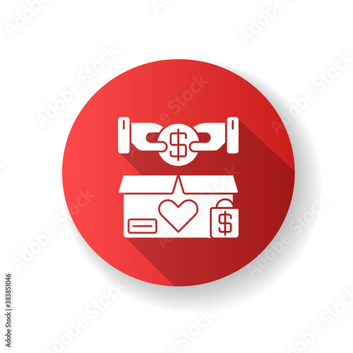 Charity shop red flat design long shadow glyph icon. Charitable sale, nonprofit organization. Collecting money for social causes. Voluntary financial support. Silhouette RGB color illustration