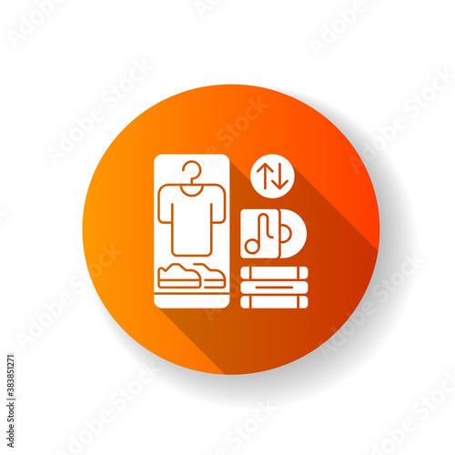 Swap meet orange flat design long shadow glyph icon. Items exchange deal, trading goods of equal value. Consumerism, barter. Sharing personal belongings. Silhouette RGB color illustration