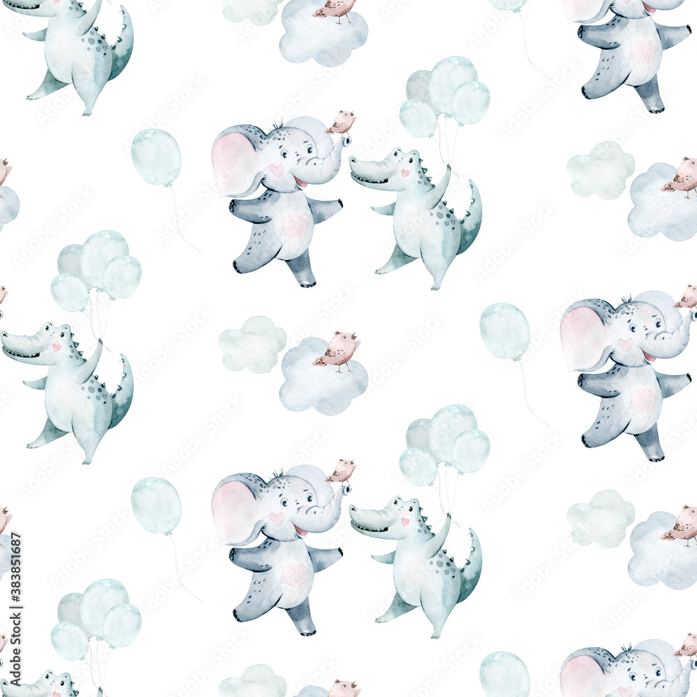 Watercolor seamless tropical pattern with dancing elephant and crocodile african jungle animals on white background. Childish Africa animal illustration. Happy birthday,celebration concept. - obrazy, fototapety, plakaty 