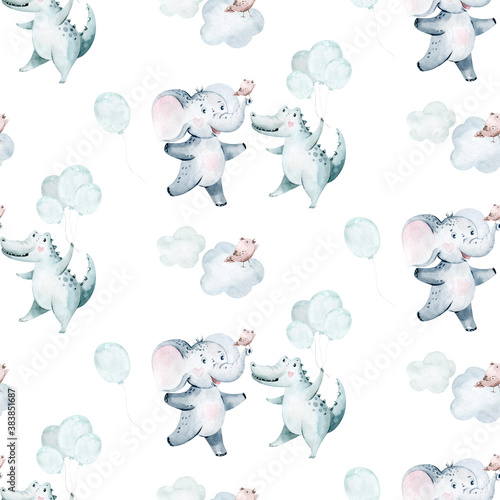Watercolor seamless tropical pattern with dancing elephant and crocodile african jungle animals on white background. Childish Africa animal illustration. Happy birthday,celebration concept.