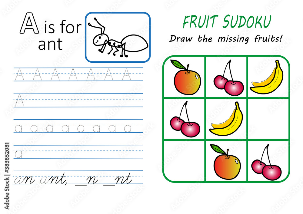 Alphabet tracing worksheet for preschool and kindergarten. Writing practice letter A and educational game sudoku for children. Printable page A4