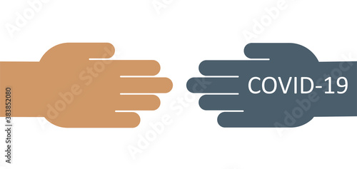 Corona infection through the hands. Dangerous contact with a patient with COVID-19. Vector flat illustration.
