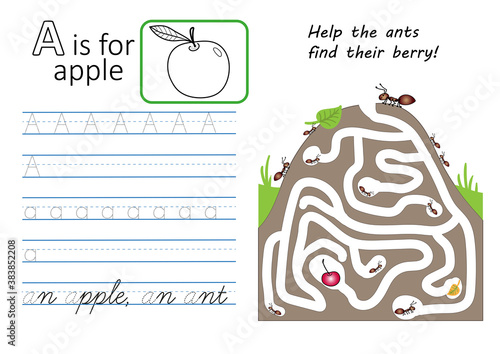 Alphabet tracing worksheet for preschool and kindergarten. Writing practice letter A and educational maze game for children. Printable page A4