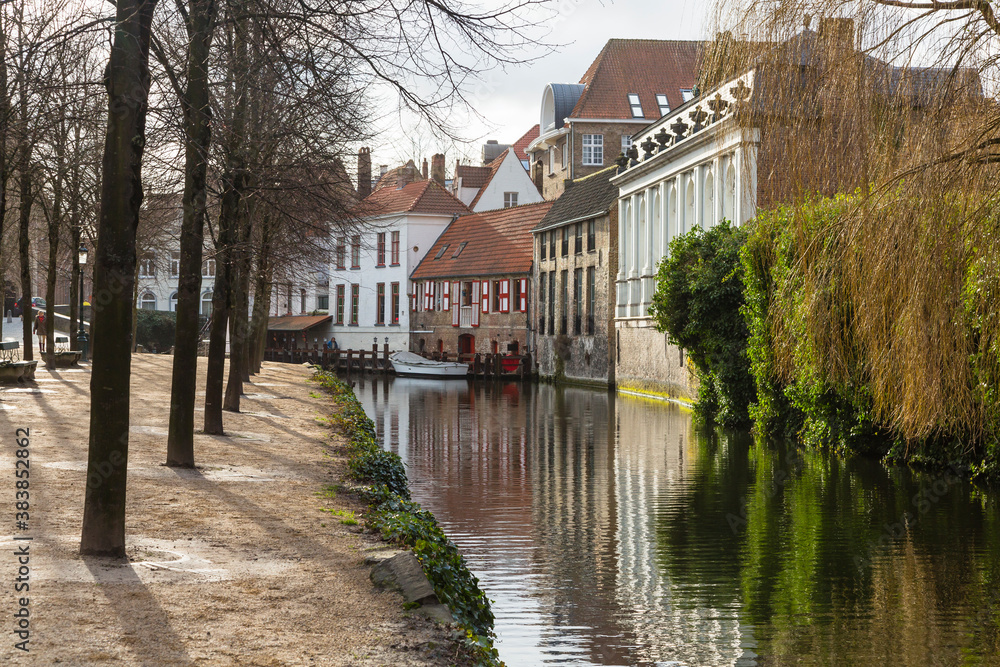 ベルギー　ブルージュ歴史地区を流れるダイフェル運河横の並木道