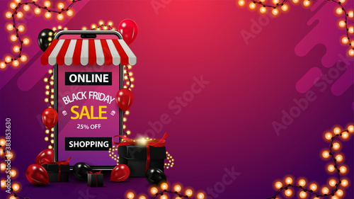 Online shopping, Black Friday Sale, up to 25% off, purple discount template with copy space, volumetric smartphone wrapped with garland and presents around