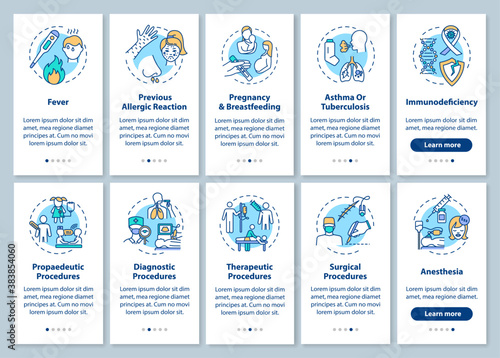 Healthcare services onboarding mobile app page screen with concepts set. Medical procedures and vaccination walkthrough five steps graphic instructions. UI vector template with RGB color illustrations
