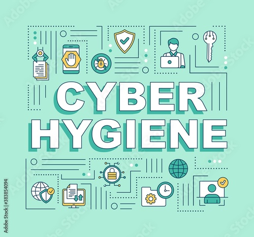 Cybersecurity hygiene word concepts banner. Priority security hygiene. Informatic health. Infographics with linear icons on mint background. Isolated typography. Vector outline RGB color illustration