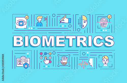 Types of biometrics word concepts banner. Face recognition, fingerprint, photo ID. Infographics with linear icons on blue background. Isolated typography. Vector outline RGB color illustration