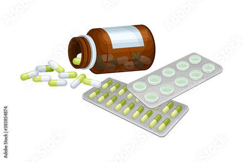 Blister Pack with Hemp Pills and Medicines in Bottle Vector Illustration