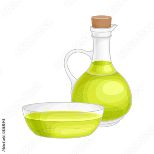 Glass Jar and Bowl with Hemp Oil as Organic Cosmetic Product Vector Illustration