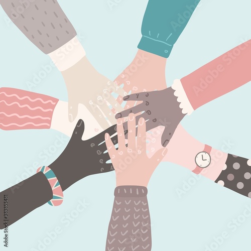 People putting their hands together. Teamwork support partnership vector concept. Social movement flat cartoon illustration.