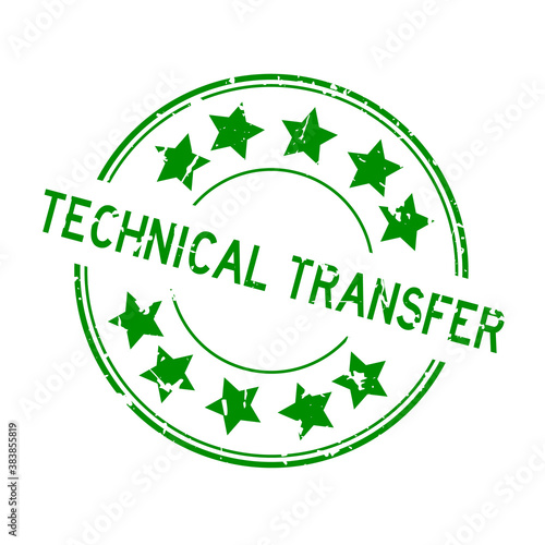 Grunge green technical transfer word with star icon round rubber seal stamp on white background