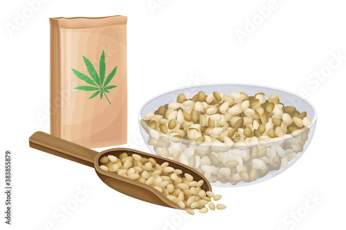 Hemp Seeds in Wooden Scoop and Bowl with Craft Paper Package Vector Illustration