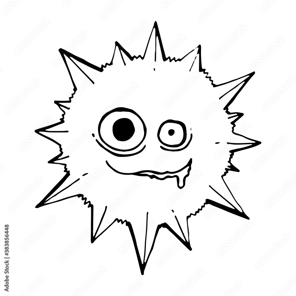Vector outline of a mad virus with spikes, bulging eyes and drool from the mouth.
