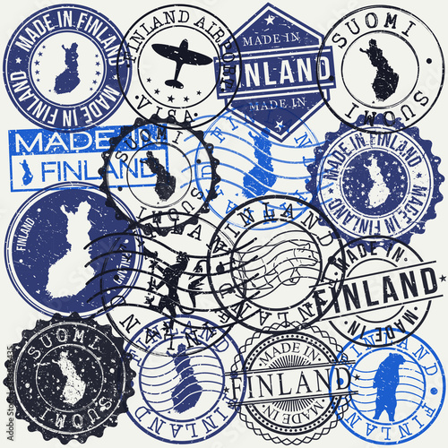 Finland Set of Stamps. Travel Passport Stamp. Made In Product. Design Seals Old Style Insignia. Icon Clip Art Vector.
