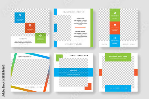 Modern multipurpose social post templates with orange, green and blue accent. Vector square graphic layouts for insta advert. Editable business illustrations