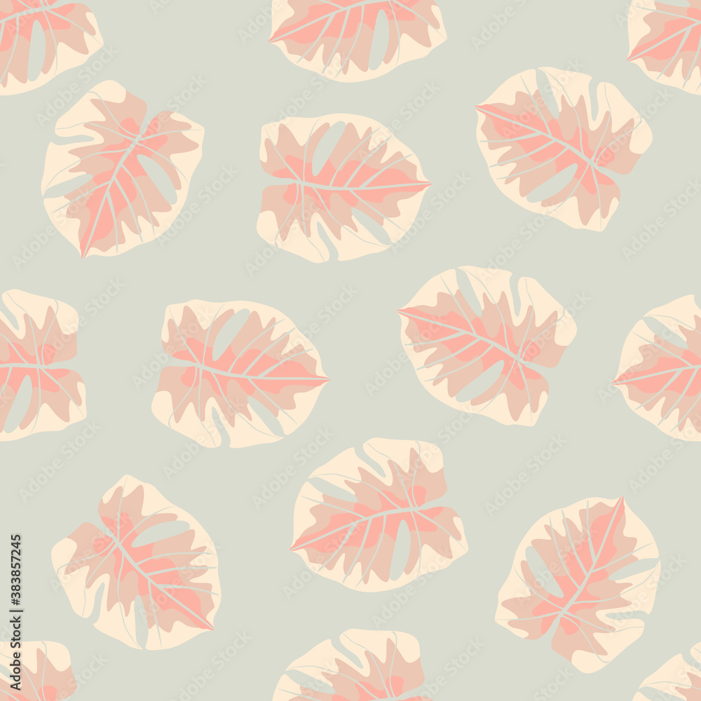 Light pastel seamless doodle pattern with random monstera leaves silhouettes. Pink and blue soft palette artwork. Light pastel seamless doodle pattern with random monstera leaves silhouettes. Pink and blue soft palette artwork.