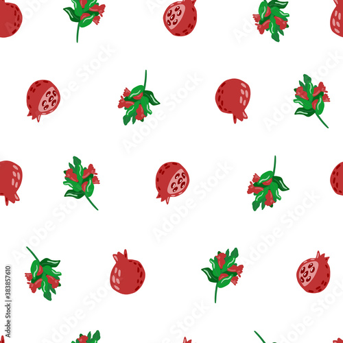 Little branches and pomegranate silhouettes seamless pattern. Red and green bright ornament on white background.