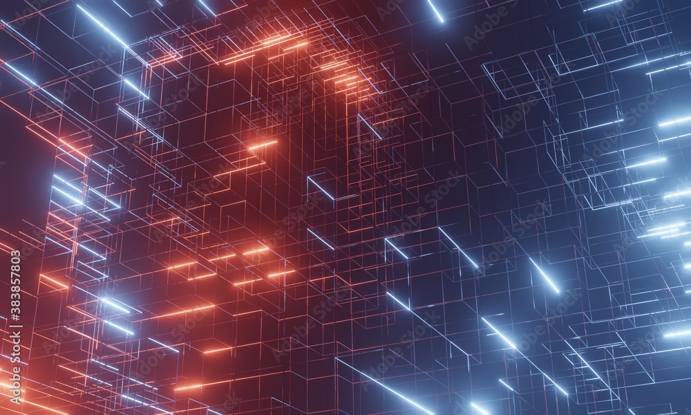3D Rendering of abstract rectangle shape wireframe with reflection from red and blue light. For business technology, blockchain, data structure background