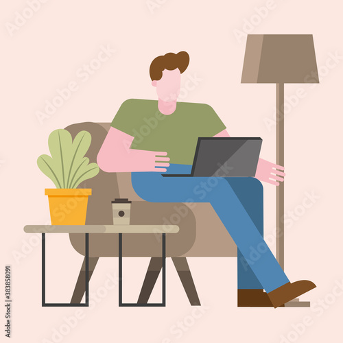Man with laptop working on chair from home vector design © Gstudio