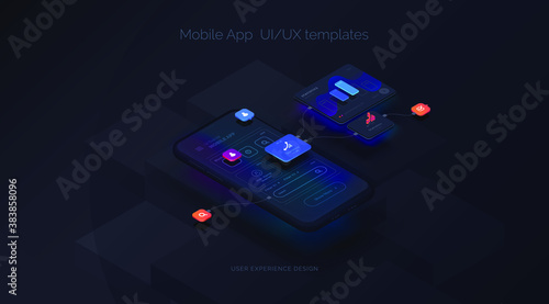 User experience. Smartphone mockup on black background with interactive user interface. The process of creating a mobile application. Website wireframe for mobile apps with active layers and links