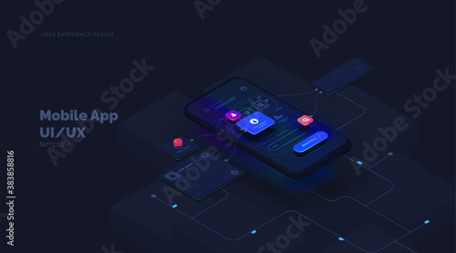 User experience. Smartphone mockup on black background with interactive user interface. The process of creating a mobile application. Website wireframe for mobile apps with active layers and links