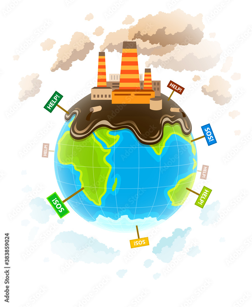 Ecology concept with dirty planet ecocatastrophe. Isolated on white background. Illustration. Ecology concept with dirty planet ecocatastrophe. Isolated on white background. Illustration.