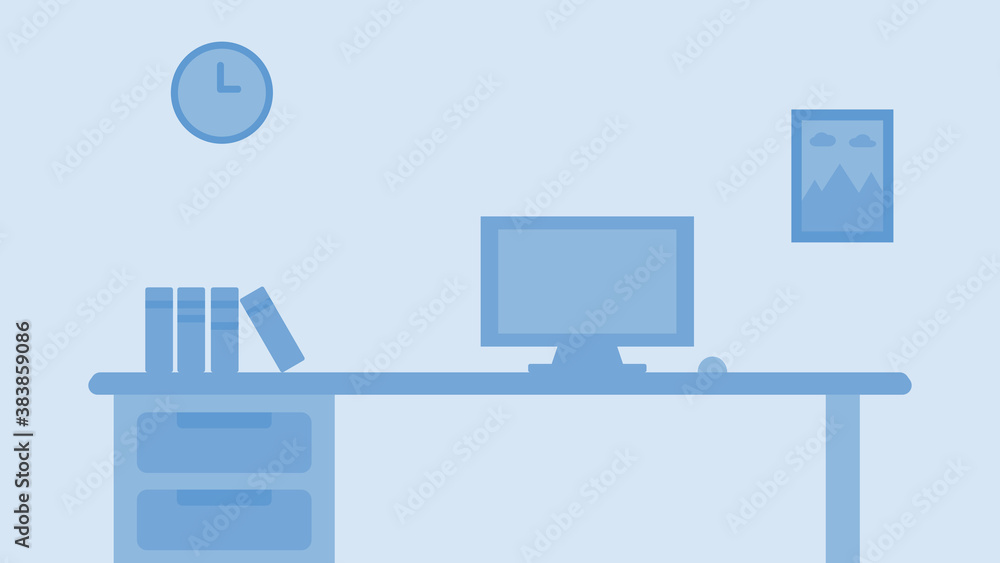 front view of freelancer graphic designer workplace desk with computer, flat design style front view of freelancer graphic designer workplace desk with computer, flat design style