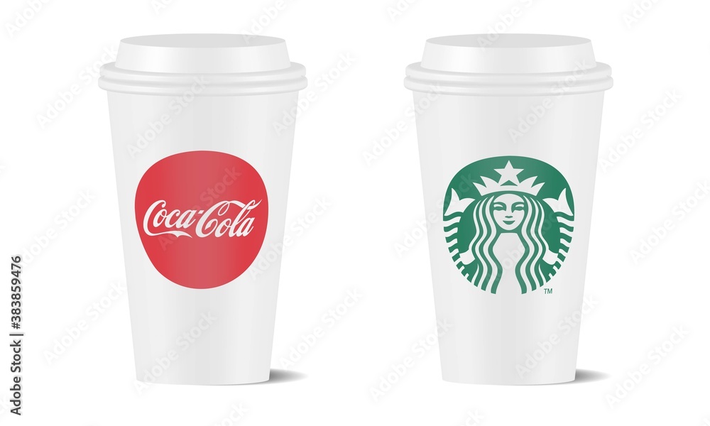 Vettoriale Stock Vector illustration of Coca Cola and Starbucks white paper  cup isolated on white background. Coke is the world's popular carbonated  drinks. Starbucks is the world's popular coffee. . | Adobe Stock